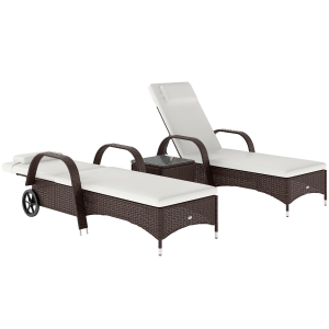 Outsunny 3 Pieces PE Rattan Patio Lounge Chair Set, Outdoor Recliner Lounge Chairs with Wheels, for Outside with Cushions, Headrest, Coffee Table for Garden, Poolside, Brown