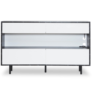Buffet au design marbre noir avec espace de rangement ouvert, 4 tiroirs et éclairage LED, 150x35x89,5 cm, Blanc＋Noir