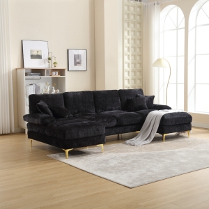U-Shaped Modular Sofa with Pillows, Black