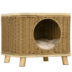 PawHut Wicker Cat House with Cushion Elevated Light Brown