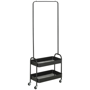 HOMCOM Movable Coat Rack, Metal Clothes Rack on Wheels with Shoe Storage, Clothing Rail, Freestanding Coat Stand for Entryway, Black