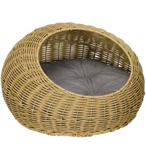 PawHut Wicker Cat House with Cushion for Indoor Cats, Light Brown