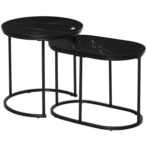 HOMCOM Lot de 2 tables basses tables d'appoint gigognes en acier et plateau MDF aspect marbre - table ronde et ovale - noir
