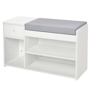 HOMCOM Bancă pentru încălțăminte cu pernă, sertar și 3 compartimente deschise din lemn, 81x31.5x49cm, Alb