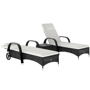 Outsunny 2-Seater Rattan Sun Lounger Set with Table Black