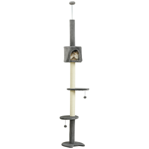 PawHut Floor to Ceiling Cat Tree for Indoor Cats, Kitten Tower, Condo, Multi-Layer Activity Center, Indoor Pet Play House with Solid Scratching Post Hanging Balls, Light Grey
