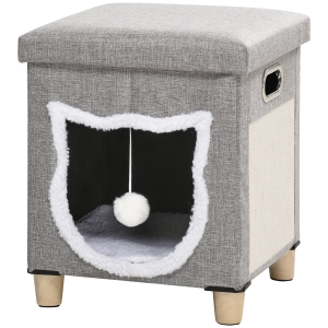 PawHut 2-in-1 Cat Bed Ottoman Grey with Cushion & Scratching Pad