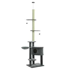 PawHut Arbre à chat poteau à griffer hauteur réglable dim. 55L x 45l x 240-260H cm 7 niveaux d'activités variées gris foncé