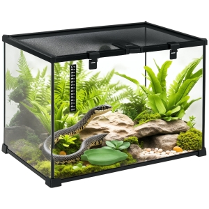 PawHut Terrarium für Reptilien Reptile Fütterungsbox Glasterrarium Amphibien Spinnentiere mit Thermometer Reptilienzuchtbox Metall Schwarz 50 x 30 x 35 cm
