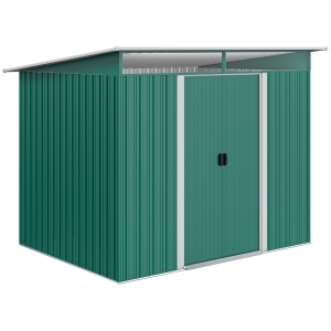 Outsunny Abrigo de Jardim 4,5 m² 260x194x200 cm Abrigo Exterior Metálico com 2 Portas Deslizantes para Armazenamento de Ferramentas Verde