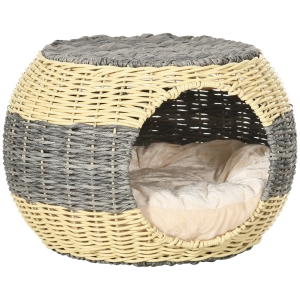 PawHut Wicker Cat House Rattan Raised Bed with Cushion Φ40cm
