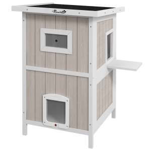 PawHut Wooden Cat Shelter 2-Tier Removable Light Grey