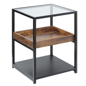 HOMCOM Industrial Side Table, 3-Tier End Table with Glass Top, Middle Tray and Storage Shelf, Nightstand with Steel Frame for Bedroom, Living Room, Rustic Brown