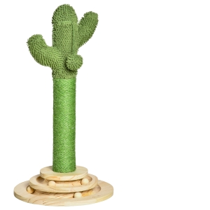 PawHut Poste Rascador para Gatos en Forma de Cactus Pequeño Árbol Rascador para Gatos con Poste de Sisal y Felpa Pelota Colgante y Base con Juego de Madera 32x32x60 cm Verde