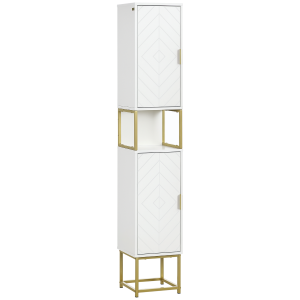 kleankin Colonna Bagno con 2 Armadietti MDF e Acciaio Bianco/Oro