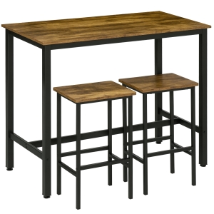 HOMCOM 120x60cm Bar Table Set, Breakfast Table with 2 Stools, 3-Piece Counter Height Dining Table & Chairs for Kitchen, Living Room, Rustic Brown