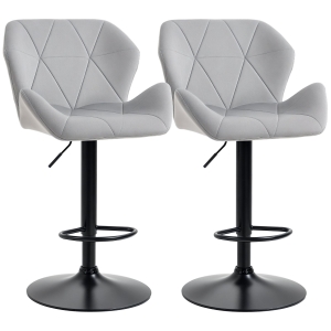 HOMCOM Bar Stools Set Of 2, Luxurious Velvet-Touch Barstools with Metal Frame Footrest Round Base Triangle Indenting Moulded Seat Adjustable Height Swivel Grey