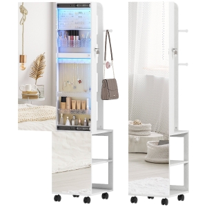 HOMCOM Specchio Porta Gioielli con Luci LED Armadio per Gioielli a Giro di 360° Serratura e Chiavi Superficie Bianca e Rivestimento Beige