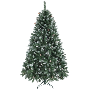 HOMCOM Árbol de Navidad Artificial 180 cm con 910 Ramas con Nieve 58 Piñas y Soporte Metálico Plegable Fácil Montaje Verde