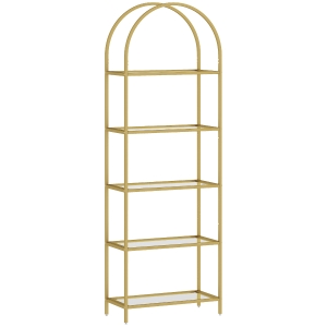 HOMCOM Raft de Depozitare Arcuit cu 5 Nivele din Oțel și Sticlă Securizată, 60x30x175 cm, Auriu