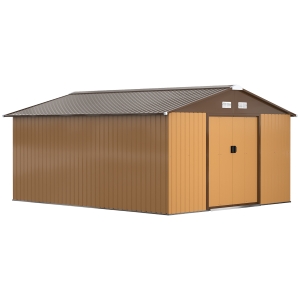 Outsunny Caseta de Jardim Exterior, 12,4 m² 340x386x200 cm Abrigo de Jardim Metálico com Portas Duplas com Fechadura, Kit de Fundação e Ventilação para Armazenamento de Bicicletas, Cor Ocre Escuro