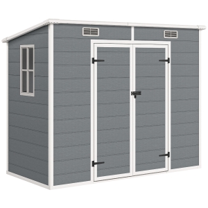 Outsunny Abri de jardin extérieur 2,4 x 1,3 m, en résine avec plancher, fenêtre, portes verrouillables et aérations, gris