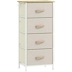 HOMCOM Cómoda Alta de Tecido com 4 Gavetas 4 Bolsos Laterais 2 Ganchos e Estrutura de Aço 45x30x94,5 cm Bege