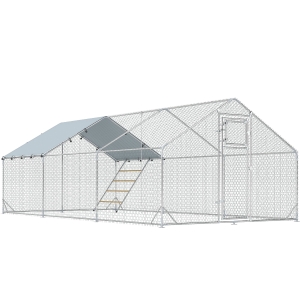 PawHut Gallinero Metálico de Exterior de 3x6m con Percha Multiusos Comedero Colgante Tipo Brocheta y Lona Protectora Resistente