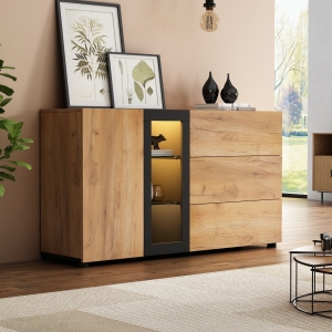 Modern Sideboard with 3 Drawers, LED Lighting, Storage Cabinet with Adjustable Glass Shelves, 140L x 40W x 80H cm, Black+Brown