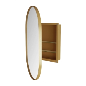 Armadio a specchio ovale da parete, armadietto con specchio e spazio interno per bagno, soggiorno e camera da letto, 85x51,5x12 cm, Oro