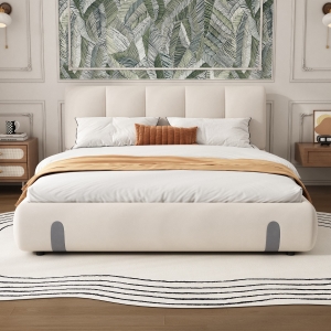 4ft6 Upholstered Double Bed with Durable Frame, Soft Headboard, Sturdy Slats, Velvet Bed for Adults, Teenagers, 213L x 152W x 89H cm, White