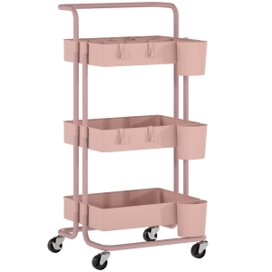HOMCOM Carrinho de Cozinha Carrinho de Armazenamento com 4 Ganchos 3 Cestas Removíveis 3 Caixas Suspensas 42x38x86,5 cm Rosa
