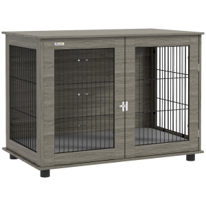 PawHut Jaula para perros 2 en 1 mesa auxiliar con cojín de peluche desmontable puerta con cerradura 100x60x73,5 cm Gris