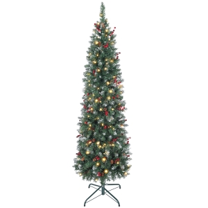HOMCOM Árbol de Navidad Artificial Estrecho 180 cm con Luces LED 7 Modos de Iluminación 461 Ramas Piñas Bayas y Soporte Verde
