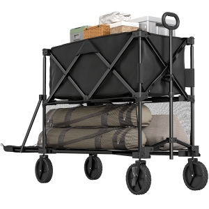 Outsunny Cărucior de grădină pliabil 350L cu roți cărucior de transport cu 2 etaje încărcare 200 kg negru