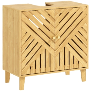 HOMCOM Móvel para Lavatório Pousar em Bambu com Portas Ripadas Armário de Casa de Banho para Lavatório sem Pedestal 60x30x60 cm Madeira