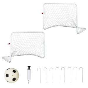 HOMCOM Set de 2 mini cage de fotbal pentru copil minge, pompă, țăruși incluși 78L x 46l x 56H cm metal alb