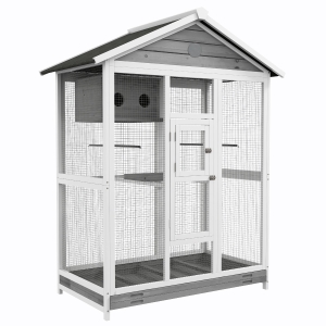 PawHut Grande cage oiseau volière à oiseaux intérieur exterieur, 4 perchoirs bac à litière coulissant 112 x 68 x 154 cm gris