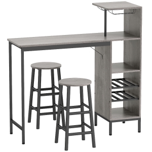 HOMCOM Ensemble table de bar avec tabourets, table à manger debout avec 2 chaises de bar étagères, casiers à vin, bois naturel