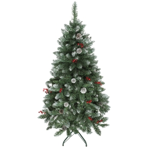 HOMCOM Albero di Natale Alto 150 cm da Interno con 398 Rami, Pigne e Bacche Rosse, Base in Metallo, Verde