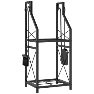 Outsunny Suporte Metálico para Lenha 2 Níveis com 4 Ferramentas Ganchos e Base Elevada para Interior e Exterior 34x30x80 cm Preto