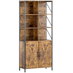 HOMCOM Estante de 6 Níveis Estante de Livros com Compartimentos Abertos 2 Portas Estilo Industrial 75x34x172 cm Castanho Rústico
