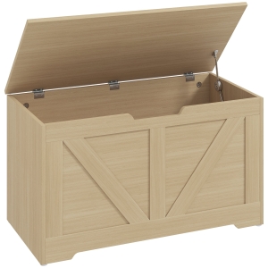 HOMCOM 100L Home Storage Box, with Safety Hinges - Natural Wood Finish