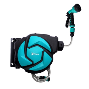 DURHAND Avvolgitubo Automatico a Parete con Tubo da 10 m, in Plastica e PP, 28x14x34 cm, Nero e Azzurro