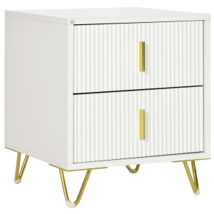 HOMCOM Comodino con 2 Cassetti in Legno con Maniglie e Gambe in Metallo, 40x40x47 cm, Bianco e Oro