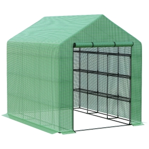 Outsunny Walk-in Greenhouse, 4 Tier 24 Shelves Portable Grow House with Roll-up Door, Dimensions 244 x 180 x 210cm, Green