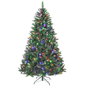 HOMCOM Weihnachtsbaum Tanne 210 cm mit LED-Lichtern 9 Beleuchtungsmodi 1160 Zweige mit künstlichem Schnee Grün