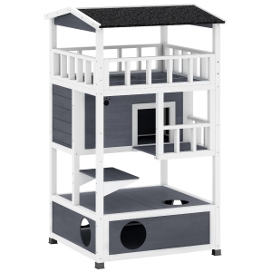PawHut Wooden Cat House Den 3-Tier Outdoor Kitten Shelter Lodge w/ Tilted Roof Terrace Jump Step Bottom Tray Elevated Base Waterproof Paint 140 x 78 x 76cm Grey