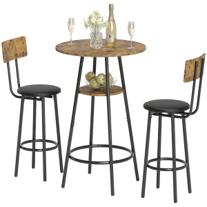HOMCOM Ensemble de Bar 3 pièces avec 2 tabourets rembourrés, revêtement en simili cuir, dossier, structure métallique, Marron