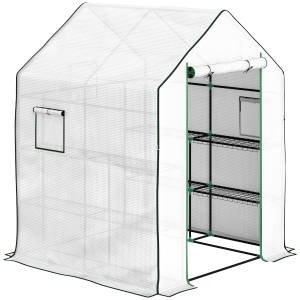 Outsunny Invernadero de Exterior con 6 Estantes Puerta Enrollable Cubierta de PE y Marco de Acero 140x143x190 cm Blanco